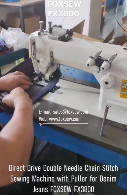 Direct Drive Double Needle Chain Stitch Sewing Machine with Puller for Denim Jeans